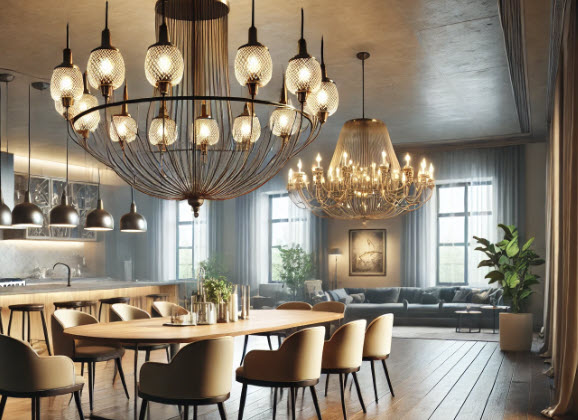 chandelier and pendant next to each others